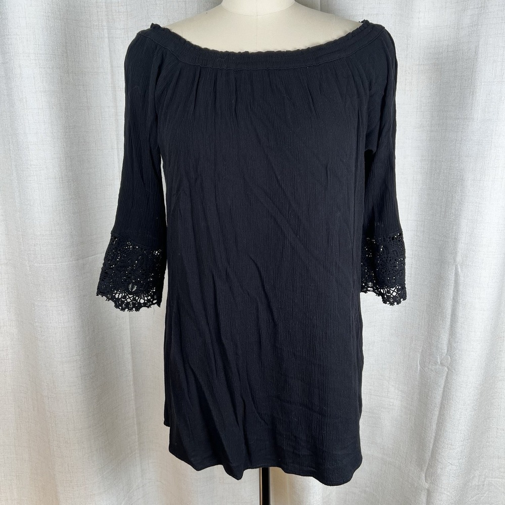 Chelsea & Theodore Off Shoulder Gauzy Blouse Black Medium Crochet Bell Sleeves